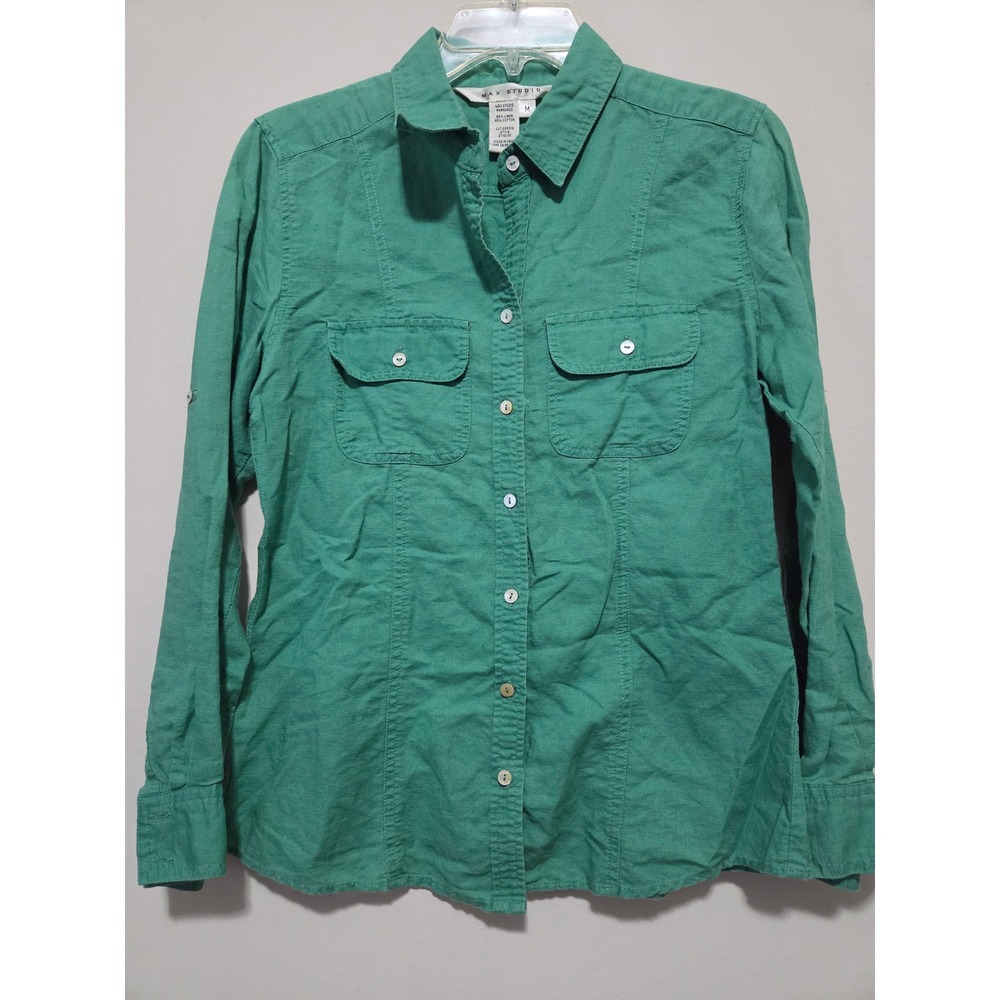 Max Studio Green‎ Linen Cotton Blend Roll Tab Button Down Shirt Womens Medium